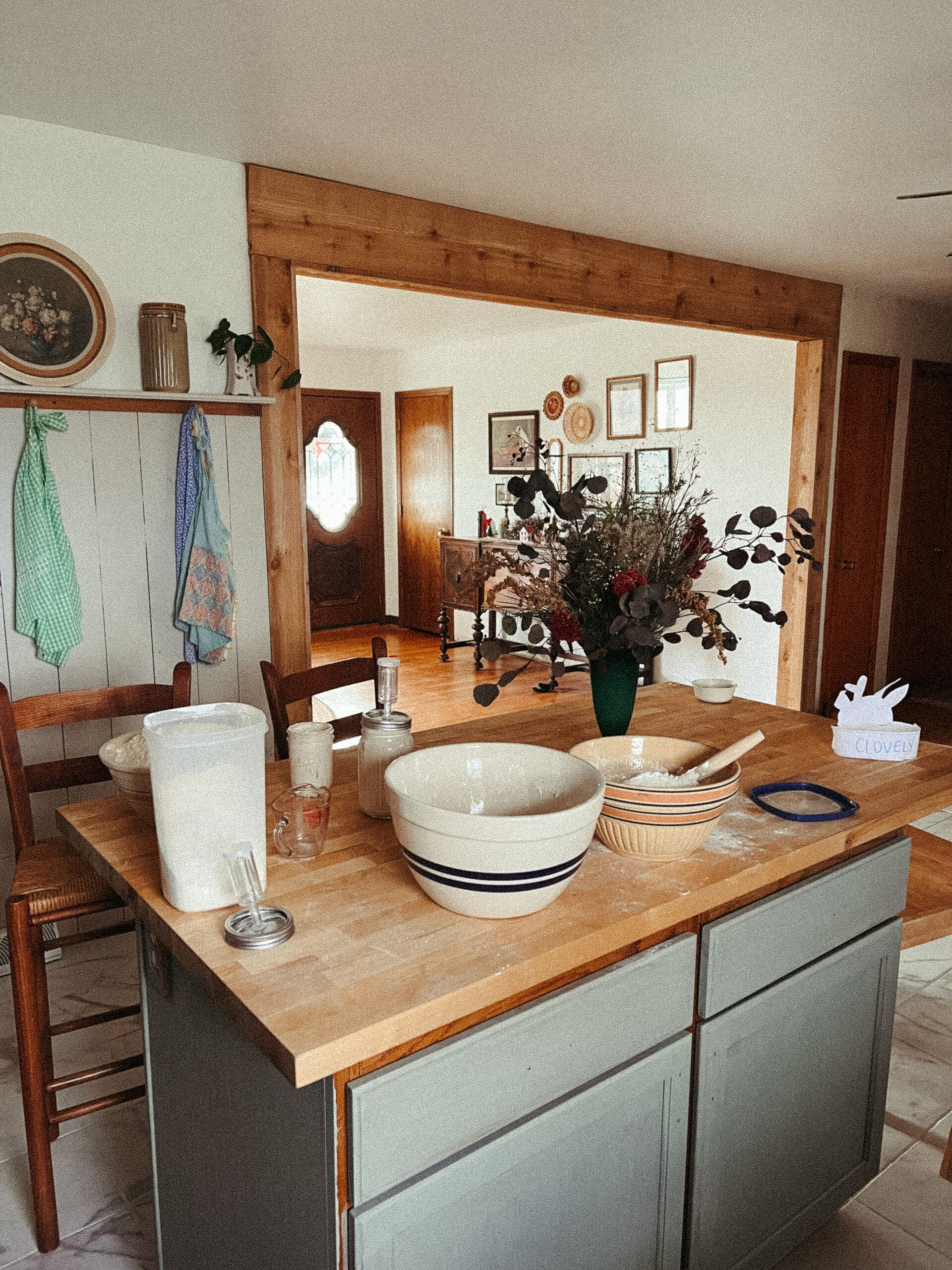 kitchen island with bread baking supplies